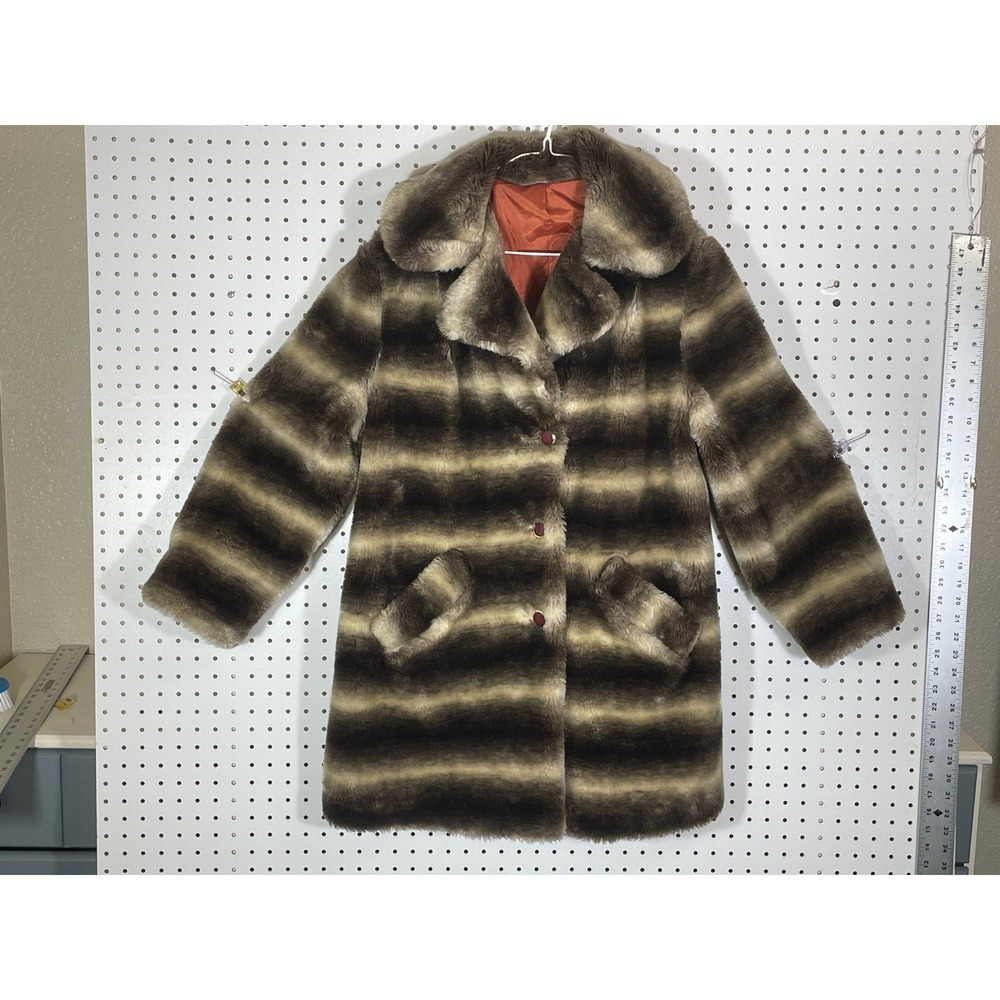 Vintage Montgomery Ward Faux Fur Striped Coat Brown Cream Orange Lining